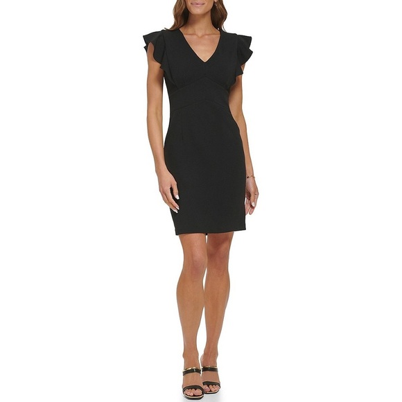 DKNY Black Stretch V-Neck Short Flutter Sleeve Sheath Dress Size 4 NWT - Picture 3 of 6